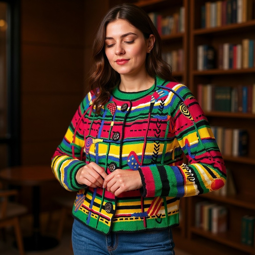 Vintage 1994 Michael Simon‎ New York Multi Color Striped Applique Cardigan Large